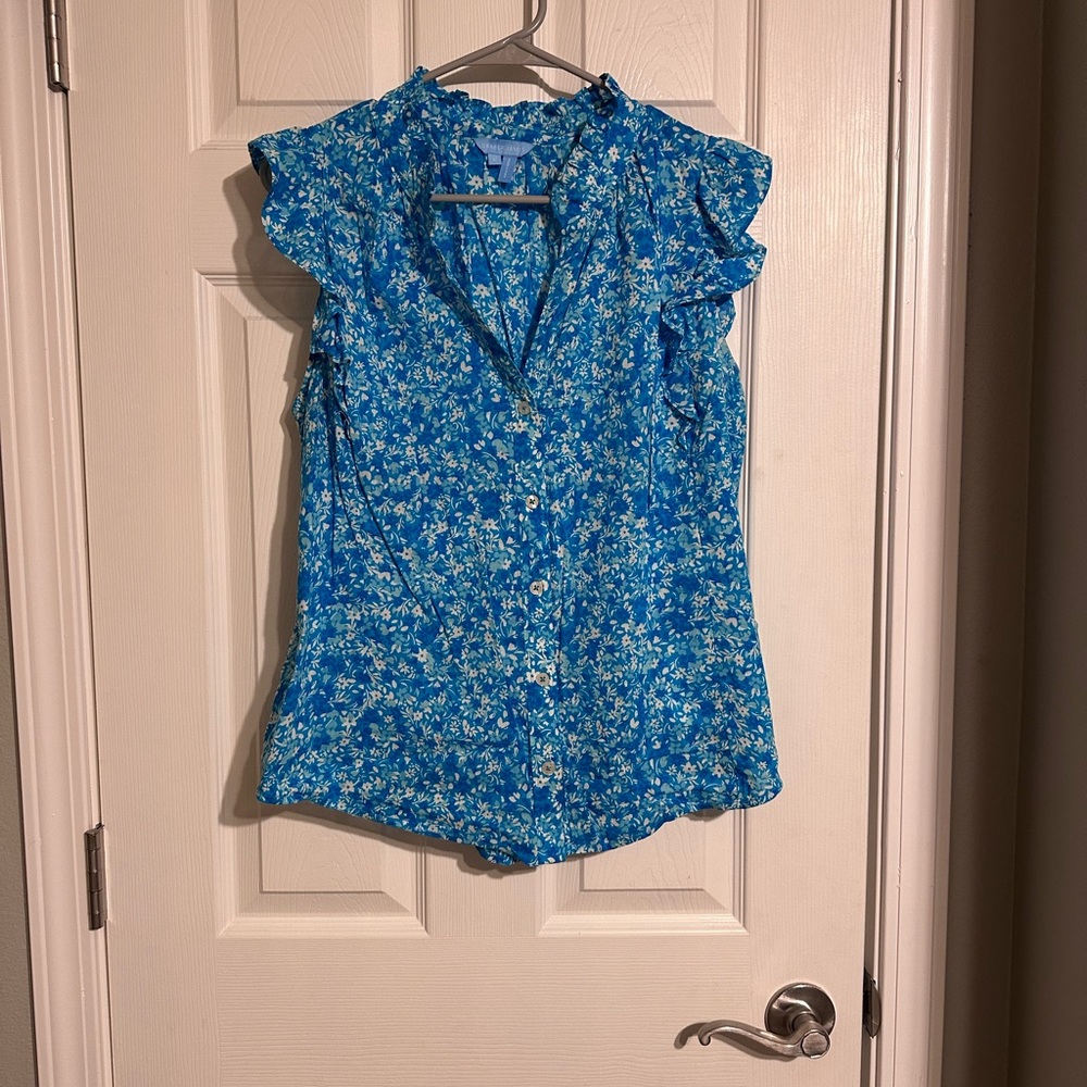 Draper James Blue Floral Ruffle Blouse